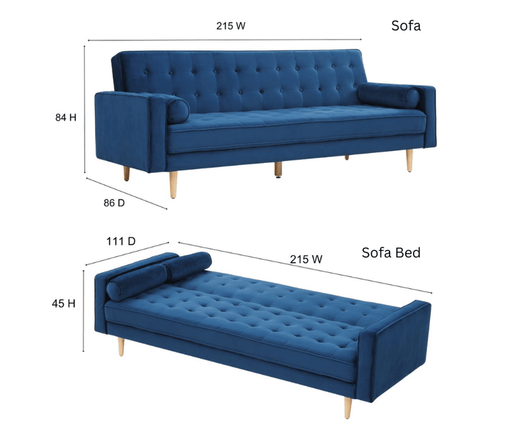 Sofia Sofa Bed 3 Seater - Velvet Blue - DLB Furniture