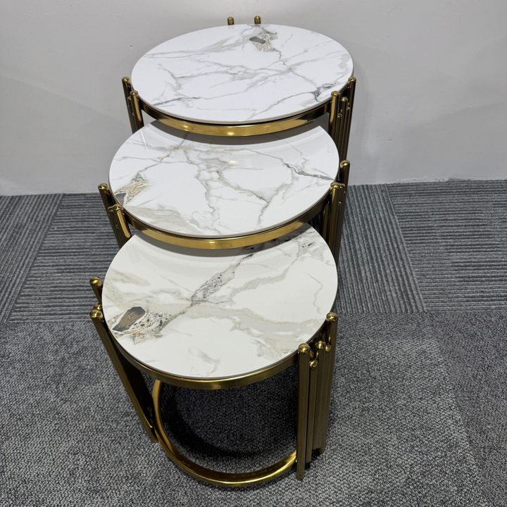 White Marble Tops and Gold-Toned Metal Frames Three Nesting Coffee Tables