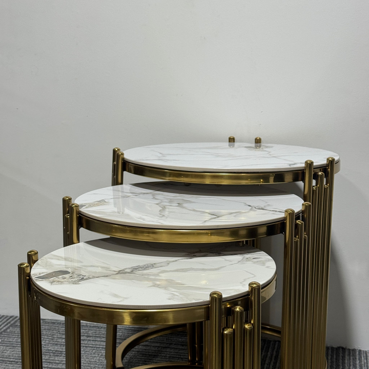 White Marble Tops and Gold-Toned Metal Frames Three Nesting Coffee Tables