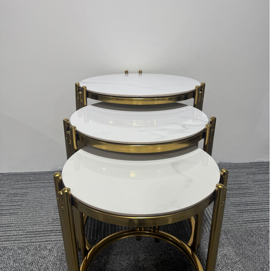 White Marble Tops and Gold-Toned Metal Frames Three Nesting Coffee Tables