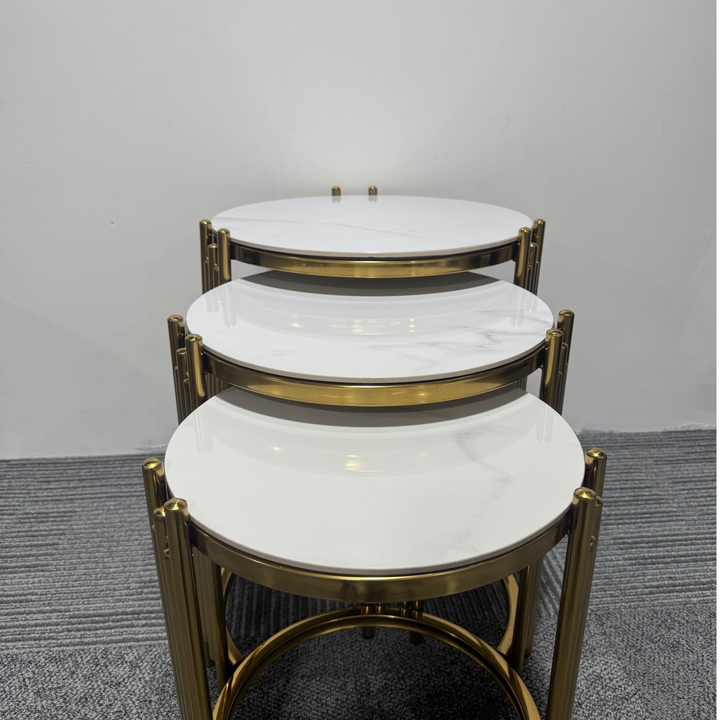 White Marble Tops and Gold-Toned Metal Frames Three Nesting Coffee Tables