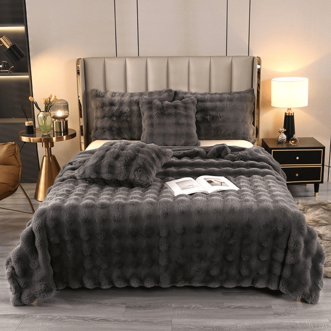  Dark Grey 100% Faux Rabbit Fur Throw Blanket 200 by 230 cm