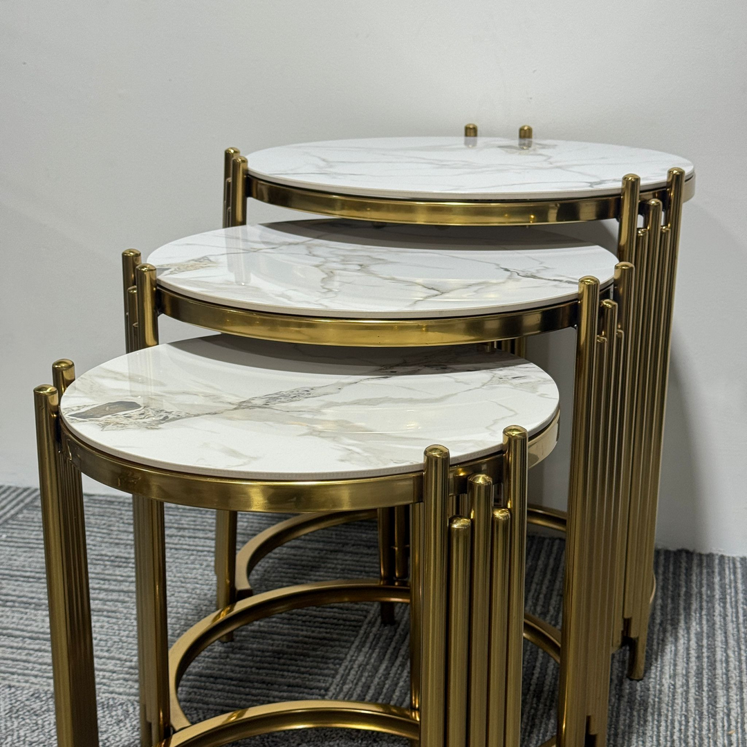White Marble Tops and Gold-Toned Metal Frames Three Nesting Coffee Tables