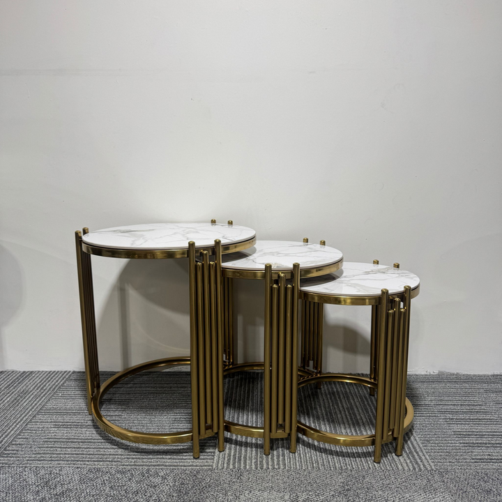 White Marble Tops and Gold-Toned Metal Frames Three Nesting Coffee Tables