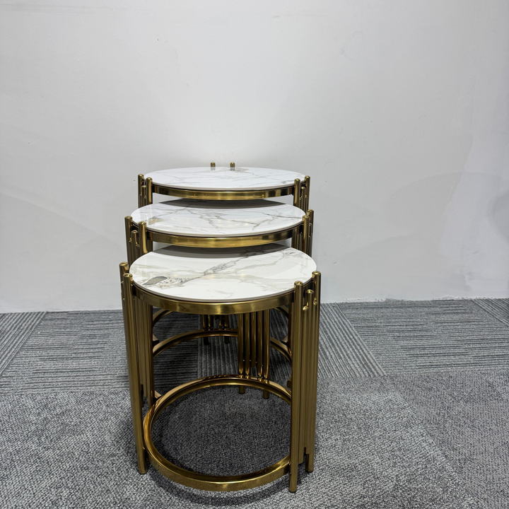 White Marble Tops and Gold-Toned Metal Frames Three Nesting Coffee Tables