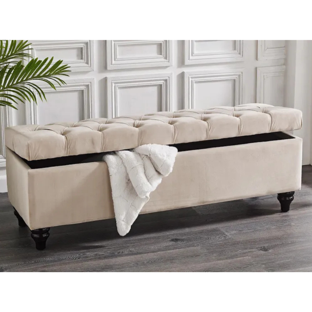 Rania Velvet Storage Bench Ottoman Medium Cream - DLB Furniture
