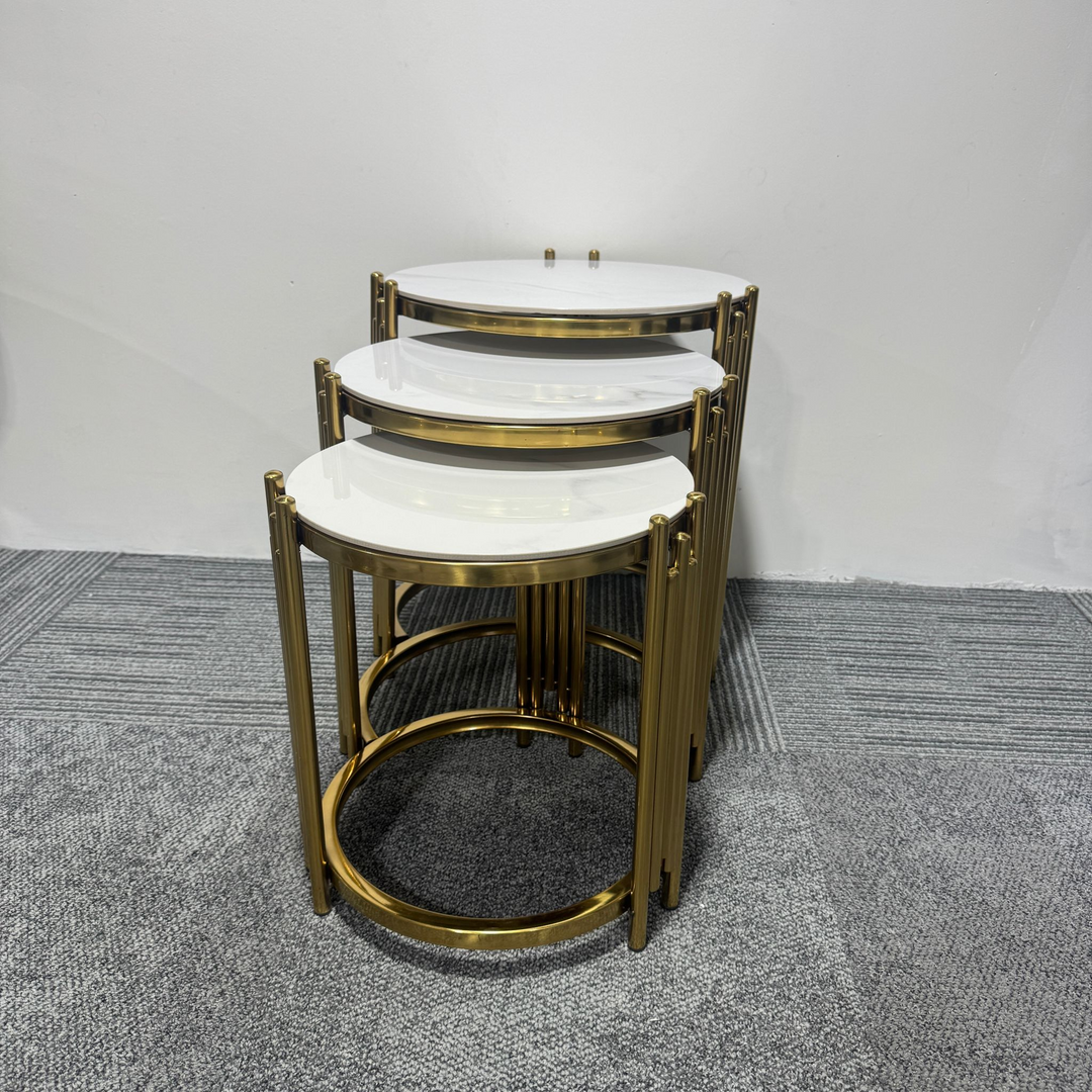 White Marble Tops and Gold-Toned Metal Frames Three Nesting Coffee Tables
