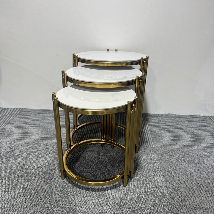 White Marble Tops and Gold-Toned Metal Frames Three Nesting Coffee Tables