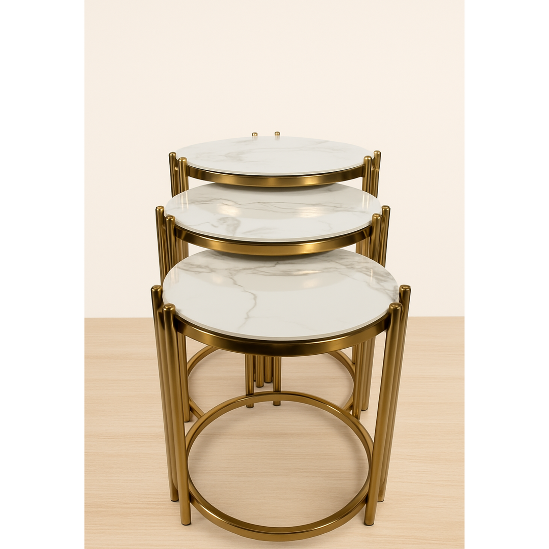 Oslo 3 Piece Nesting Table Brushed Gold Stainless Steel Base - DLB Furniture
