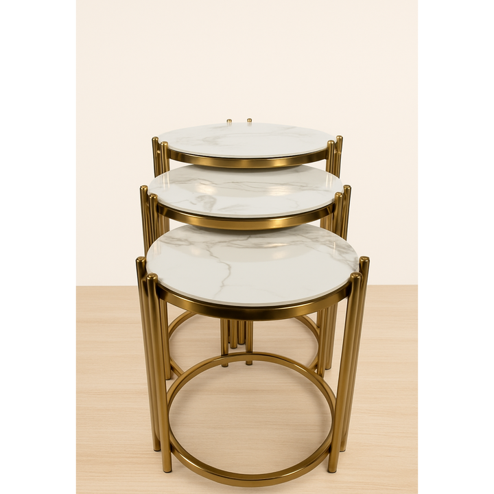 Oslo 3 Piece Nesting Table Brushed Gold Stainless Steel Base - DLB Furniture