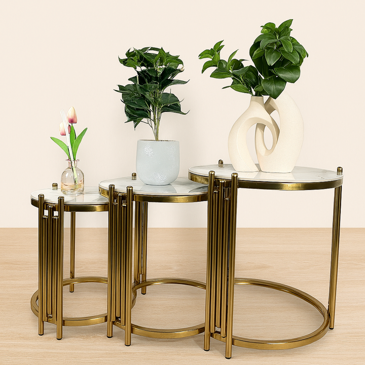 Oslo 3 Piece Nesting Table Brushed Gold Stainless Steel Base - DLB Furniture