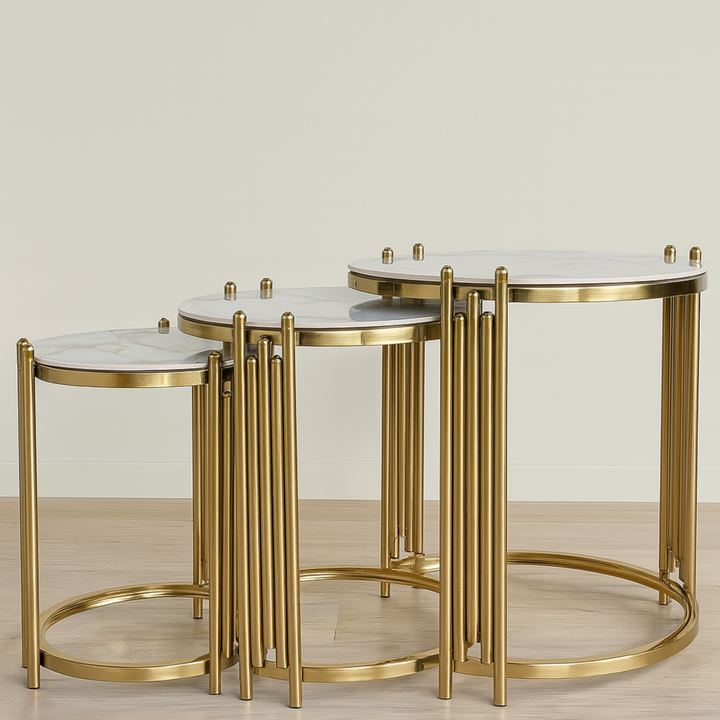 Oslo 3 Piece Nesting Table Brushed Gold Stainless Steel Base - DLB Furniture
