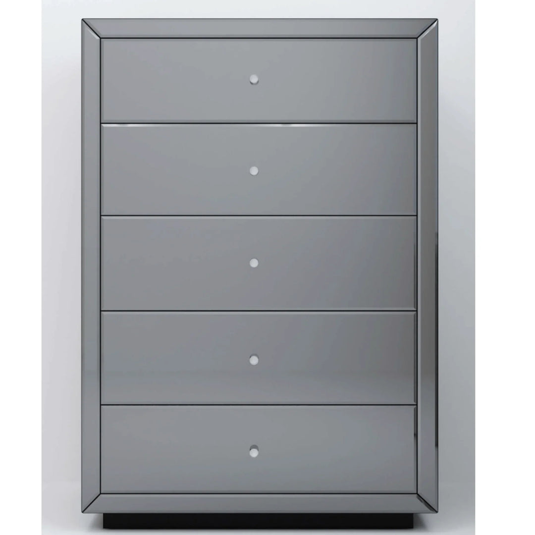 Cannes 5 draw smoked mirrored tallboy - DLB Furniture