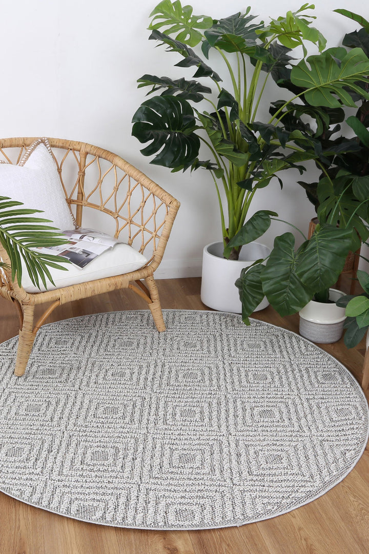 Vanuatu Fugui Grey Geometric Round Flatweave Rug - DLB Furniture