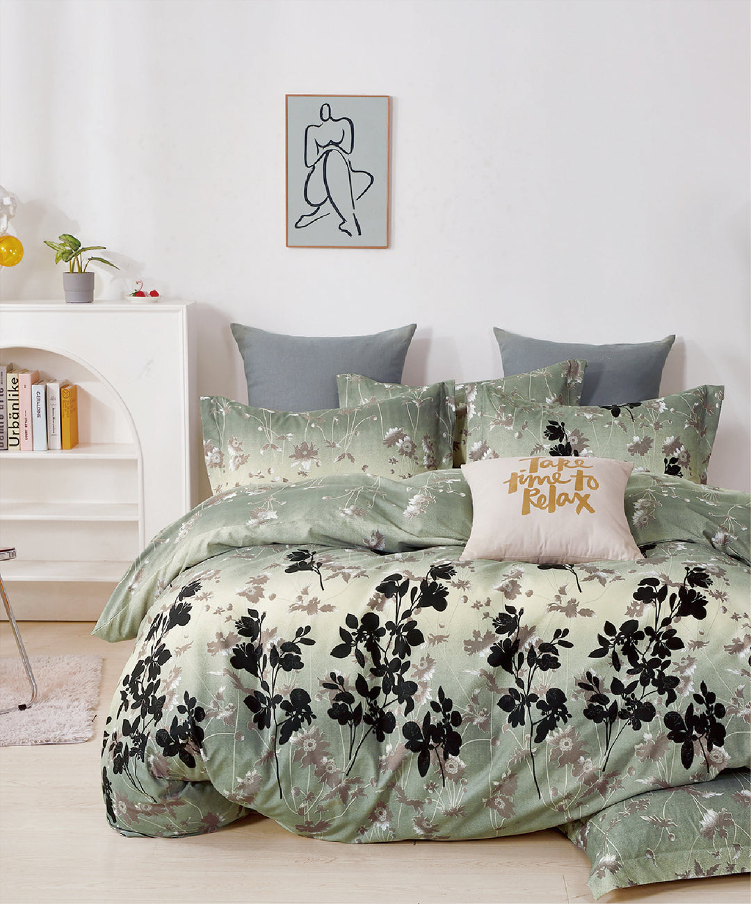Botanist 5 Piece Bedding Set Microfiber 120 gsm-Dark Green with black floral - DLB Furniture